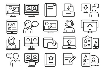 Collection of icons representing online learning, communication tools, and digital resources in a modern educational environment