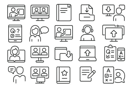 Collection of icons representing online learning, communication tools, and digital resources in a modern educational environment