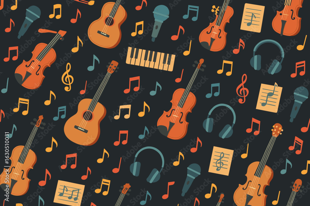Poster musical instruments and notes create an engaging backdrop for creative projects and designs