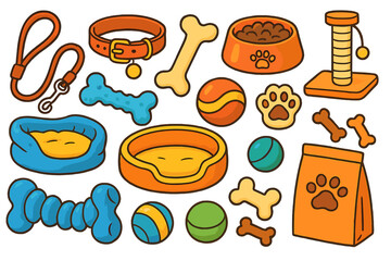 Colorful pet accessories including bowls, toys, and collars arranged for a playful pet-themed design