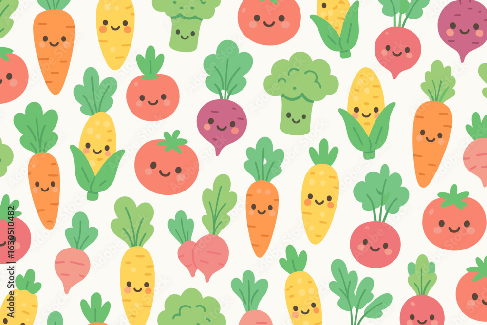 Poster colorful and cheerful vegetable pattern featuring smiling characters in a whimsical design