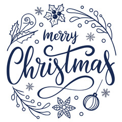 Elegant Merry Christmas Calligraphy Surrounded by Holly Snowflakes Berries and a Christmas Ornament stylish