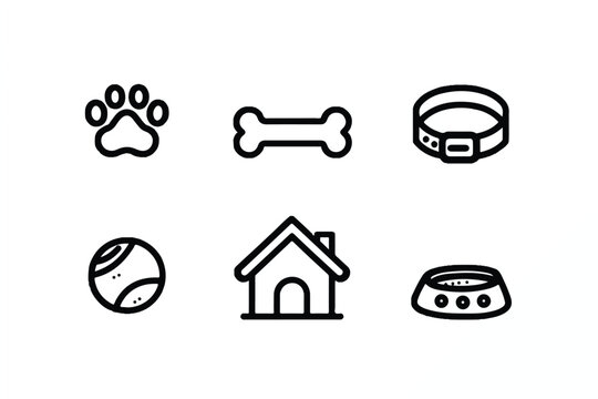 Minimalist dog icon set featuring paw print bone collar ball house and food bowl in black outline vector illustration