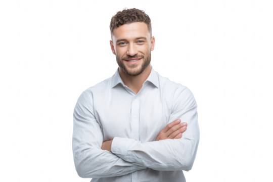 a handsome, smiling businessman with arms crossed, png, transparent
