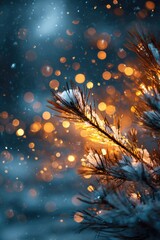 Winter pine branch glows with warm light