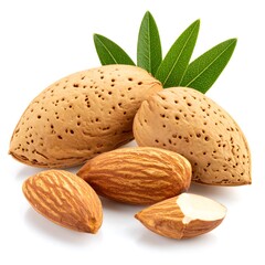 Almonds with leaves on a white background