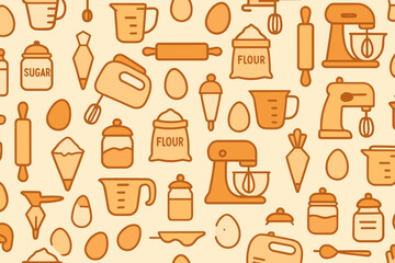 Baking essentials displayed in a cheerful pattern featuring measuring tools, ingredients, and utensils for a fun kitchen atmosphere