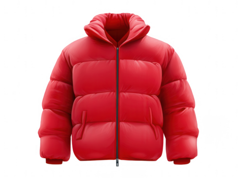 Red puffer jacket, isolated on a white background, png, transparent