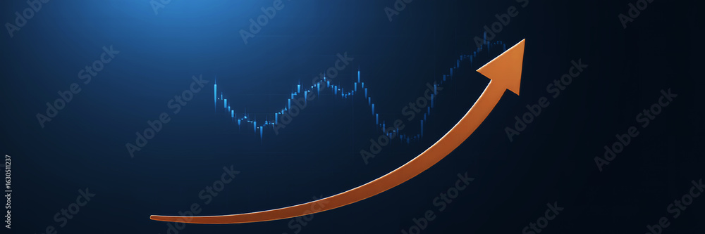 Poster an upward trending arrow with a stock chart in the background on a dark blue gradient backdrop
