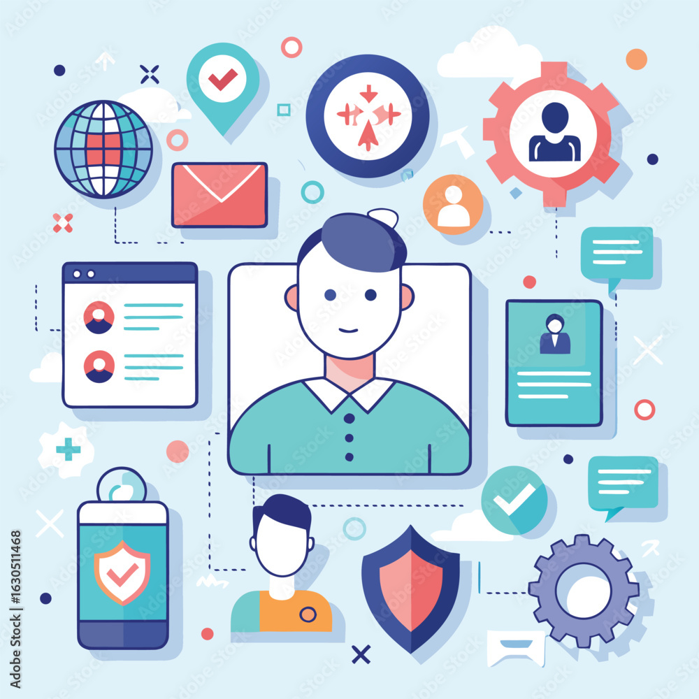 Poster a vector illustration depicting a user profile connected to various digital services and security el