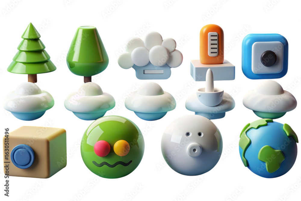Poster collection of colorful cartoonish objects isolated on transparent background