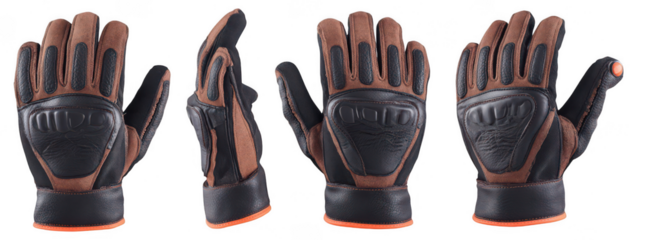 Set of black and brown motorcycle gloves with orange details on a white background, png, transparent