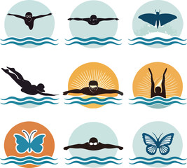 Artistic Swimmer and Butterfly Icons, Swimming and Aquatic Sports Vector Set