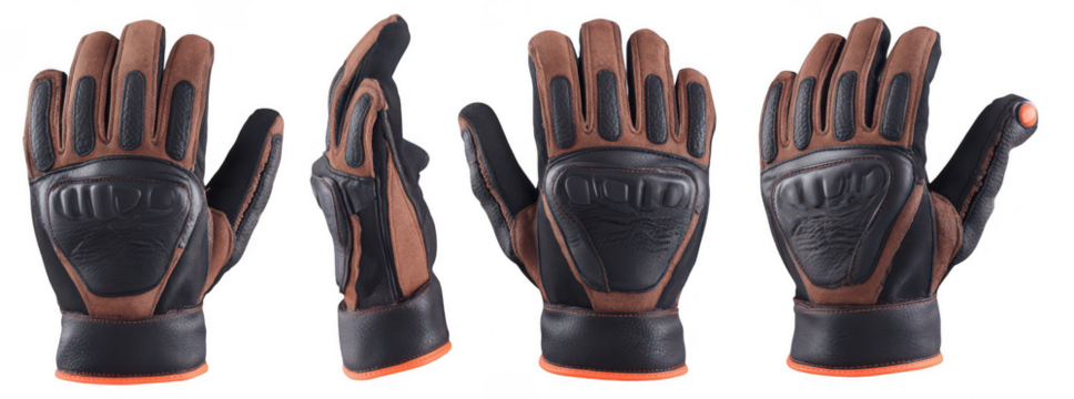 Set of black and brown motorcycle gloves with orange details on a white background, png, transparent