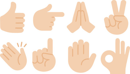 Fototapeta premium Hand gestures icon set in flat design, collection of communication symbols like thumbs up, pointing, and clapping for web and mobile