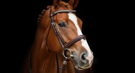 Fototapeta premium Elegant Brown Horse Head with Bridle on Black Background