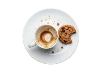 Empty Coffee Cup and Bitten Chocolate Chip Cookie on White Plate