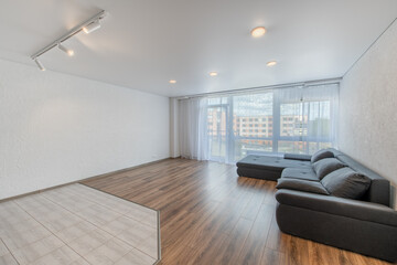 Modern Home Living Room and Windows, Balcony. Luxurious Stylish Modern Apartment.