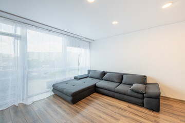Modern Home Living Room and Windows, Balcony. Luxurious Stylish Modern Apartment.
