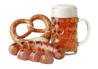 Oktoberfest Still Life: Beer, Pretzel, and Sausage on White