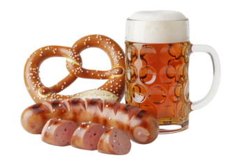 Oktoberfest Still Life: Beer, Pretzel, and Sausage on White