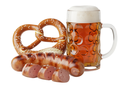 Oktoberfest Still Life: Beer, Pretzel, and Sausage on White