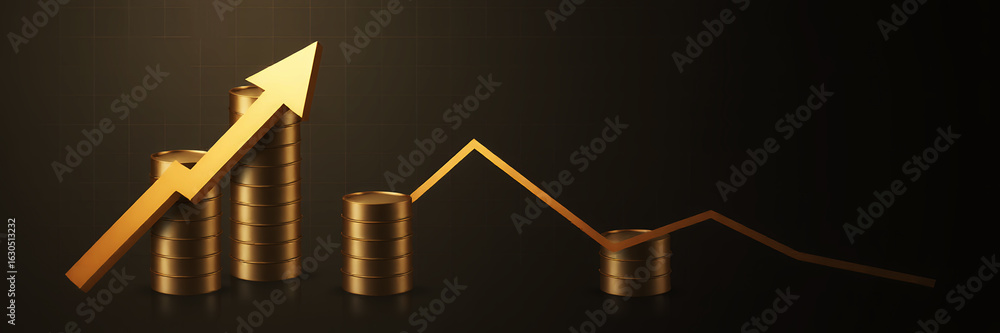 Poster a golden arrow pointing upwards beside stacks of coins on a dark background representing growth