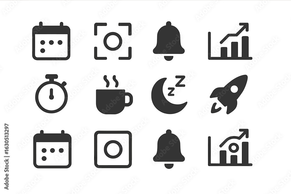 Poster collection of icons representing time management, productivity, and daily planning tools for efficie