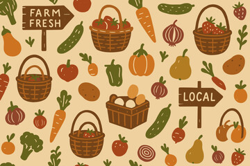 Colorful pattern showcasing fresh vegetables and fruits with baskets on a light background promoting local farming