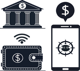 Financial and Digital Banking Icons, Bank, Wallet, Mobile Payment, and E-commerce