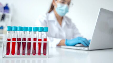 Close up of lab assistant in uniform, with mask and rubber gloves test tube with blood. focused on a rack of test tubes containing various blood samples on a white laboratory table