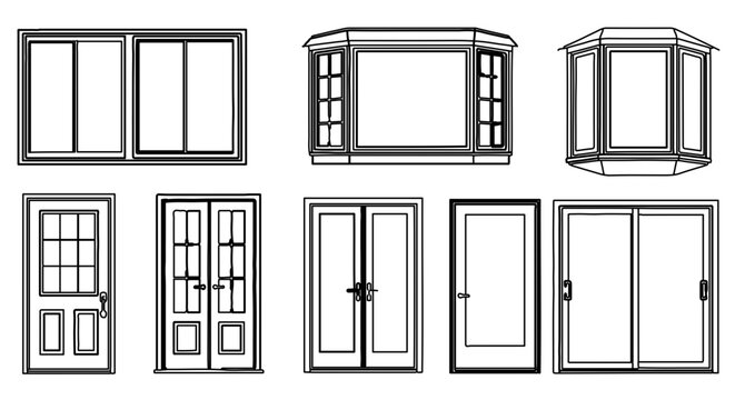 Architectural windows and doors designs for building construction and home improvement projects blueprint vector