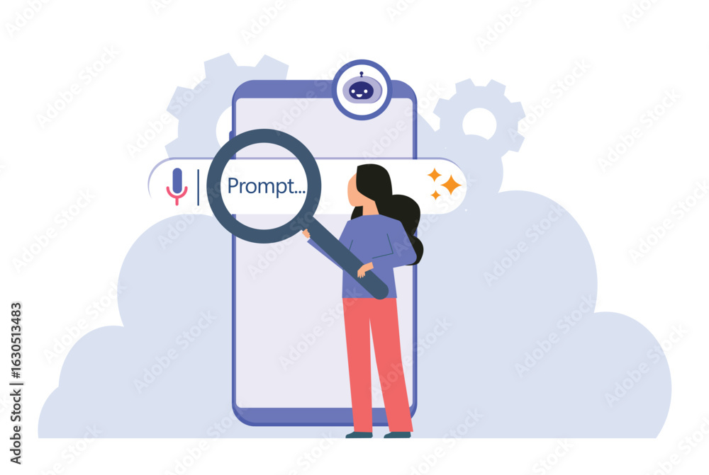 Poster ai generator prompt with robot icon and smartphone. interface for creating content using ai generato