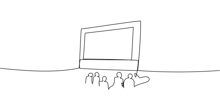 Linear outline of audience watching outdoor movie on large screen, minimal line art of open-air cinema