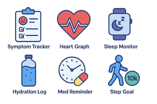 Health tracking tools for wellness management including symptom tracker, heart graph, sleep monitor, and hydration log