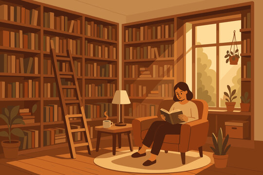 Cozy reading nook in a sunlit library with bookshelves, warm lighting, and a content reader enjoying a book