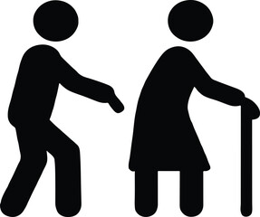 Elderly Care and Assistance Vector, Senior Couple with Stick Figure Icons