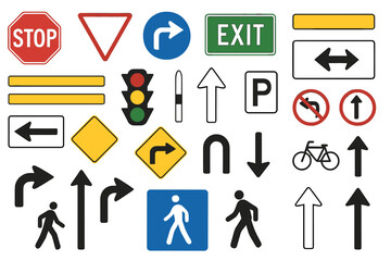 Traffic signs collection showing various regulatory and informative symbols in a clear layout for reference and education