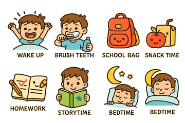 Daily routine activities of a child illustrated with engaging icons for easy understanding