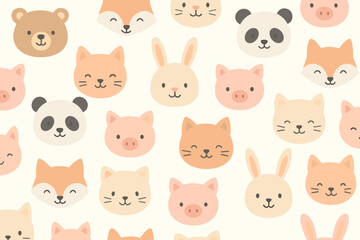 Colorful animal faces pattern featuring bears, rabbits, cats, foxes, pandas, and pigs on a light background