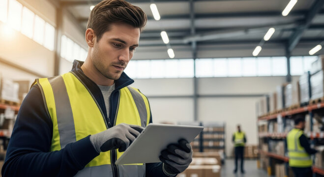 A worker using a tablet to manage warehouse inventory. The warehouse is well-organized, with tall shelves stocked with goods and the worker is wearing a reflective vest. 