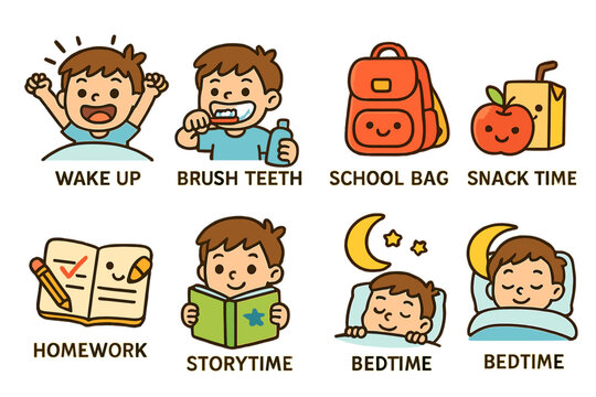 Daily routine activities of a child illustrated with engaging icons for easy understanding