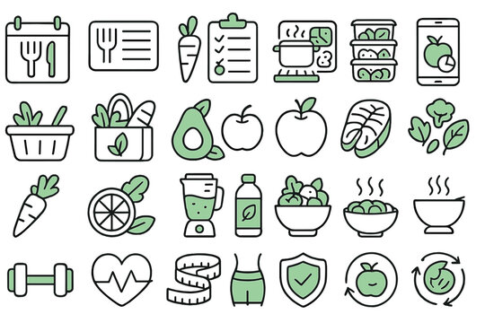 Engaging collection of icons representing healthy food, meal prep, and fitness activities designed for modern diet planning