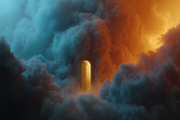 Fototapeta premium Golden door in a swirling cloud of smoky heavens