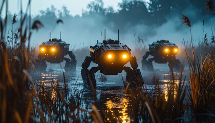 Exploring Wetland with Futuristic Vehicles at Night