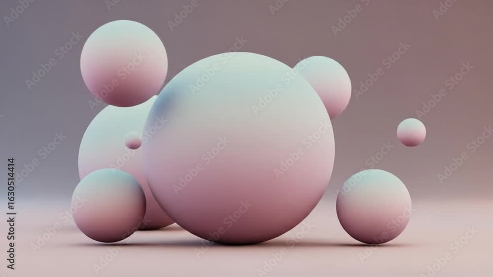 Poster abstract arrangement of spheres in pastel gradient color with soft lighting and clean background for