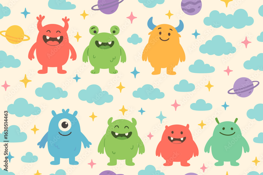 Poster colorful cartoon monsters in a playful pattern on a soft pastel background with clouds and planets