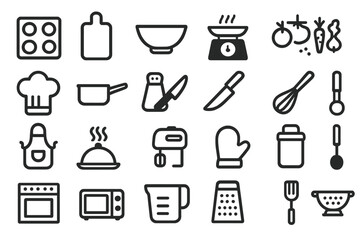 Kitchen utensils and equipment arranged on a flat surface with a modern design for culinary activities