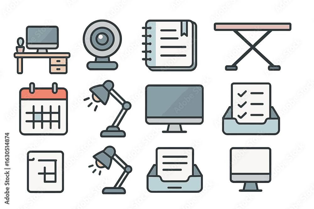 Poster workspace elements including computer, lamp, and calendar arranged for productivity and organization