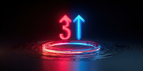 Neon red and blue upward arrows over a circular platform